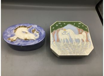 Unicorn Pattern Hand Crafted Ceramic Glazed Storage Boxes - 2 Total