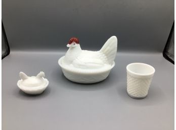 Milk Glass Rooster Style Trinket Dishes With Votive - 3 Total