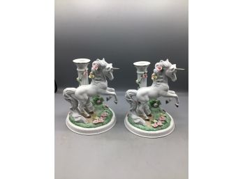 1993 Princeton Gallery - The Garden Of The Unicorn Candlesticks - Fine Porcelain Hand Painted - 2 Total