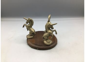 Brass Unicorn Figurines With Wood Base