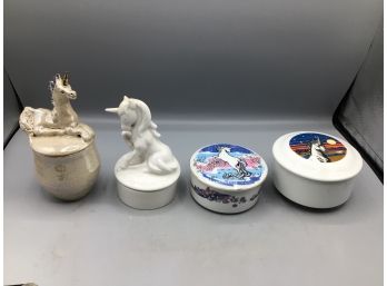 Porcelain Hand Painted Unicorn Pattern Trinket Jars - 4 Total