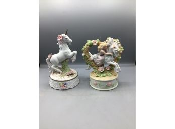 Lefton / Enesco Unicorn Style Music Box Hand Painted Figurines- 2 Total