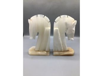 Mid Century Carved Onyx / Marble Horse Style Bookends - 2 Total