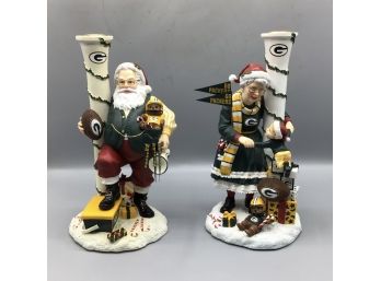 2004 Danbury Mint - Green Bay Packers Mr And Mrs Claus Resin Candlestick Holders - 2 Total With Box