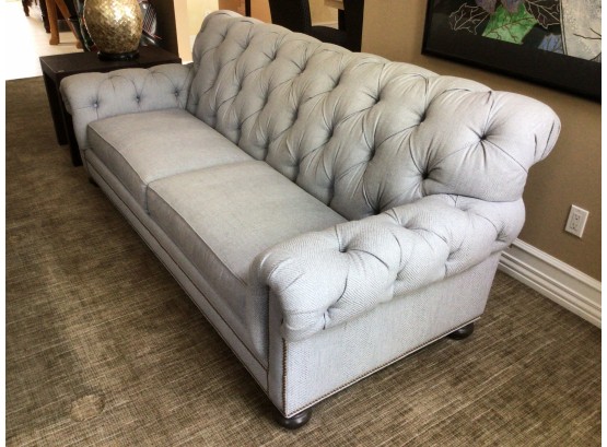 Ethan Allen Grey Sofa Upholstered Tufted Nailhead