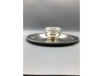Engraved Silver Tone Serving Platter With Attached Dish