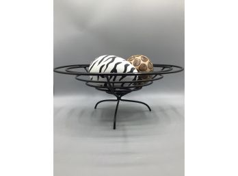 Paper Mache Animal Print Painted Decorative Eggs In Metal Wire Bowl