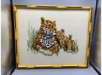 Leopard Mother & Cub Needlepoint In Faux Bamboo Frame