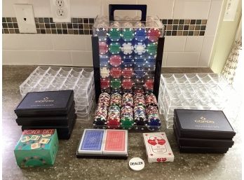 Poker Chips, Playing Cards & Lucite Storage Holders - Assorted Set