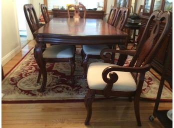 Macy's Solid Wood Dining Table Set With Bordeaux Queen Anne Chairs White Seats