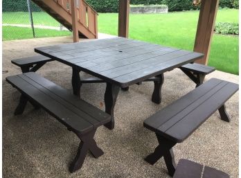 Large Brown Painted Solid Wood Outdoor Picnic Table With Benches