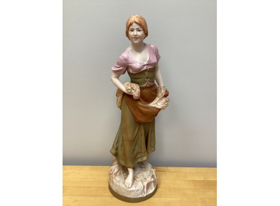 Antique Royal Dux Bohemia Figurine Of A Maiden Carrying Bundle Of Wheat