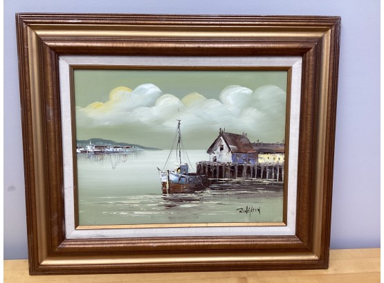 Signed Nautical Boat, Dock Water Scene Framed Painting