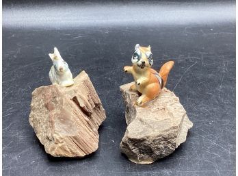 Petrified Wood With Animal Figurines - Set Of 2