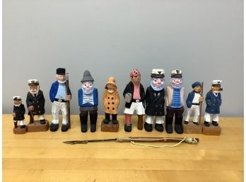 Wood Figurines Of Fishermen & Spear - Assorted Set Of 11