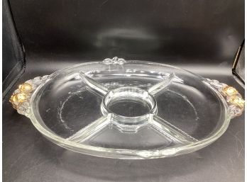 Glass Sectioned Serving Bowl With Gold-tone Rose Handles