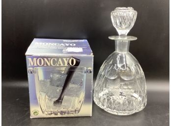 Glass Decanter & Moncayo Glass Ice Bucket With Tongs In Original Box