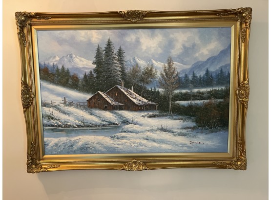 Jamison Signed - Winter Cabin Scene - Original Oil On Canvas Framed