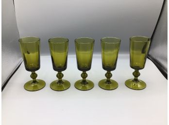 Mid Century Olive Green Glass Goblets - 5 Total