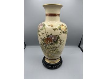 Asian Inspired Hand Painted Floral Pattern Vase With Wood Stand - Made In Japan