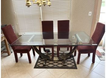 Glass-top Dining Table With Gold-tone Metal Base And 4 Cushioned Dining Chairs