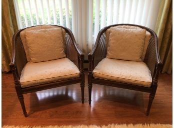 Mid Century Upholstered Wooden Cane Back Barrel Chairs - 2 Total