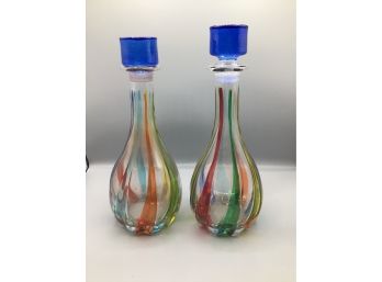 Cc Zecchin Handmade Decorated Art Glass Decanters - 2 Total - Made In Italy