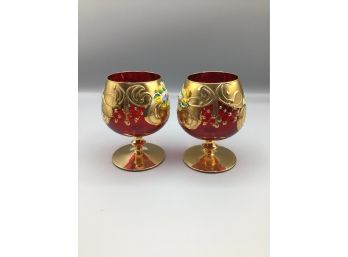 Handpainted Floral Pattern Glass Snifters - 2 Total