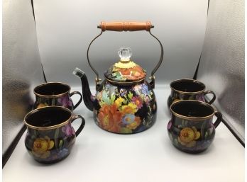 McKenzie Childs Flower Market Collection Metal Floral Pattern Tea Kettle Set With Mugs - 5 Pieces Total