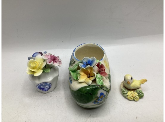 Royal Doulton Porcelain Bouquet, Made In Italy Floral Shoe & Yellow Bird From Puerto Rico - Set Of 3
