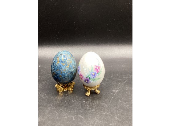 Blue Alabaster Egg & White Floral Egg With Enesco Gold-tone Egg Stands