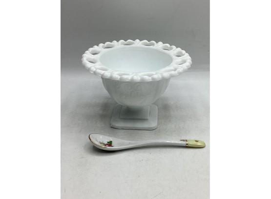 Milk Glass Footed Bowl & Spoon