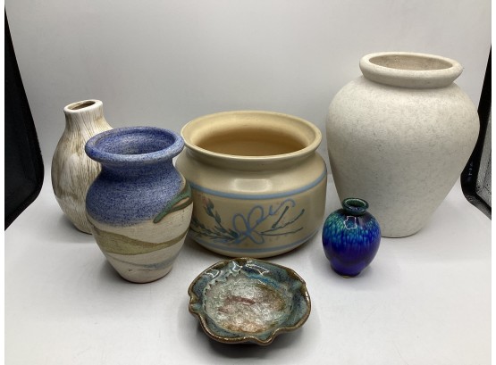 Pottery, Vases, Bowl And Plate - Assorted Set Of 6