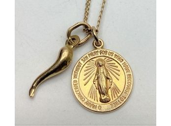 14K Yellow Gold Pendant 'oh Mary Conceived Without Sin...' & Italian Horn With Necklace Chain/3.2 Grams