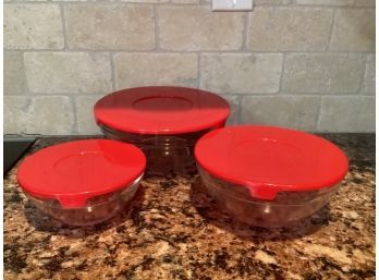 Multi-functional Glass Bowls With Red Plastic Lids - Set Of 3
