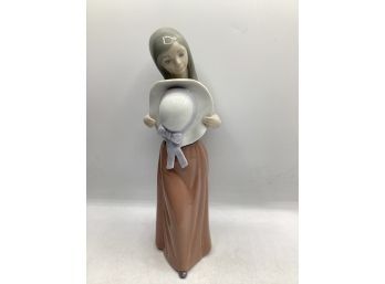 Lladro Bashful Girl With Straw Hat Figurine