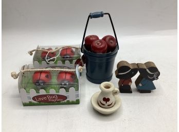 Love Bug Lady Bug Magnets, Apples In Bucket, Wood Figurines, Pitcher & Washbowl - Assorted Small Decor