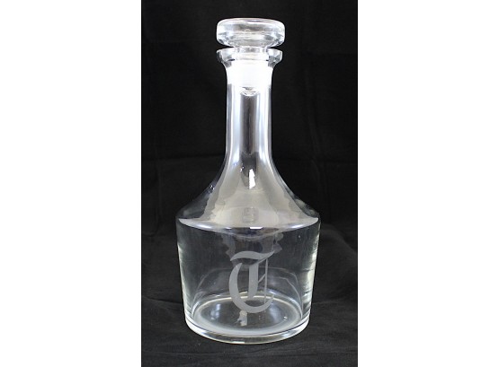 Glass Decanter Engraved With A Gothic Script 'T' 10.25' X 4.5' (Y079)