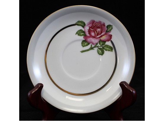 Kyoto Fine China Carmen Japan 7 5.5' Tea Plate And 6 Teacups With Single Pink Rose On White (Y119,Y120)