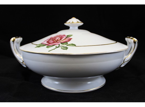 Kyoto Fine China Carmen Japan Covered Vegetable Bowl With Single Pink Rose On White (Y114)