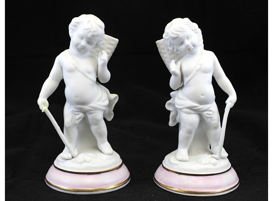 Adorable 2 Young Cherub Porcelain Statues Pockets Japan(Y165)