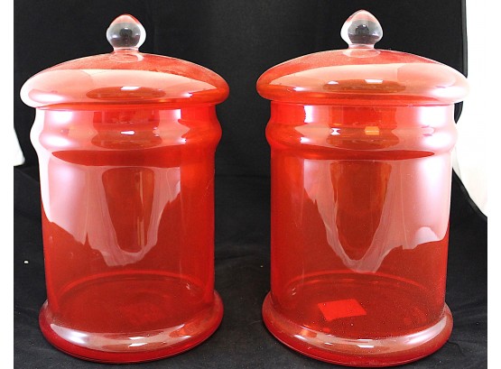 2 Red 13' Glass Jars With Lids (O151)