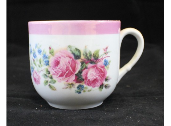 7 Pink Rimmed German Teacups With Pink Rose Design (Y111)