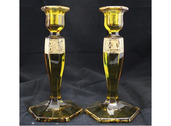 2 Amber Glass Candle Stick Holders (Y164)