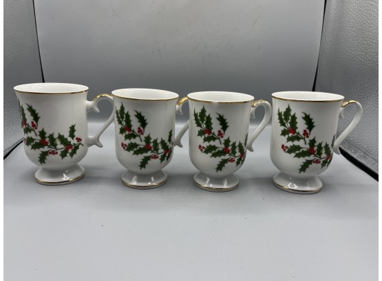 Porcelain Holly Pattern Footed Mugs - 4 Total