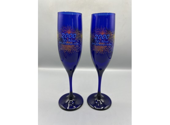 Cobalt Blue Fluted Wine Drinking Glasses - 2 Total