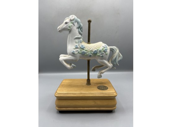Giftec 1991 Ceramic Hand Painted Carousel Horse Music Box Figurine With Wood Base