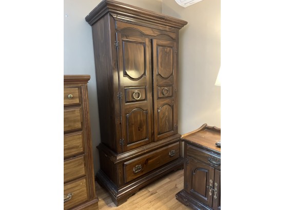 Vintage Solid Wood Armoire With Cabinet And Two Drawers