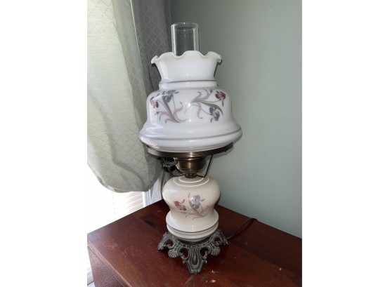 Vintage Floral Pattern Hurricane Lamp With Milk Glass Shade