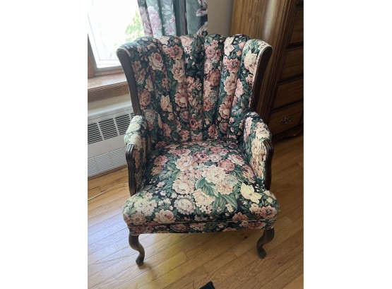 Channel Back Floral Upholstered Wood Frame  Arm Chair